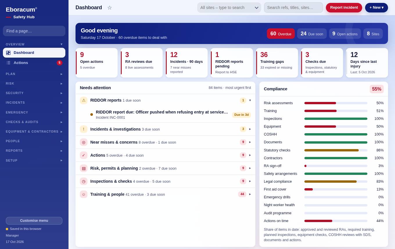 Safety Hub dashboard