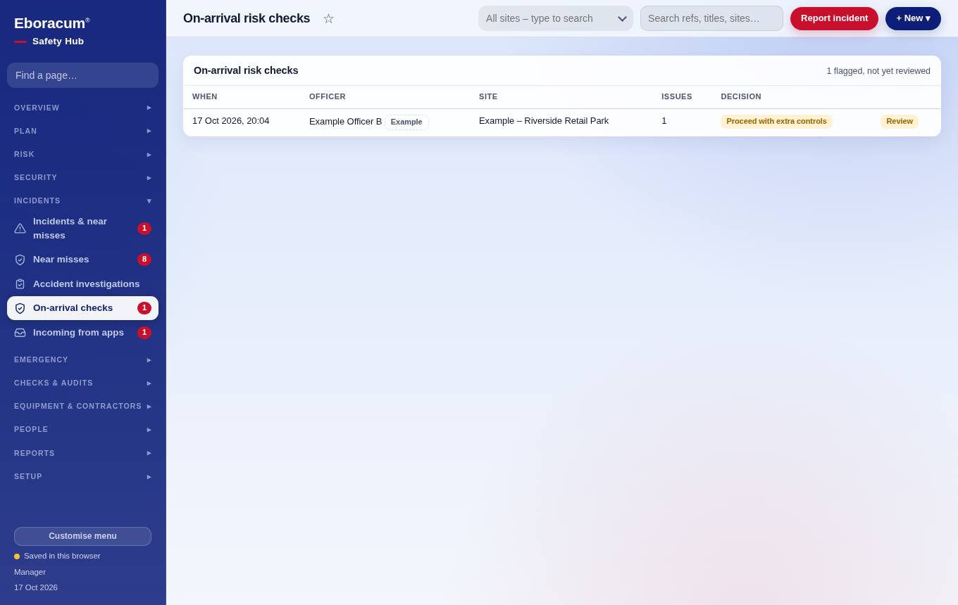 Incidents & near misses – On-arrival checks