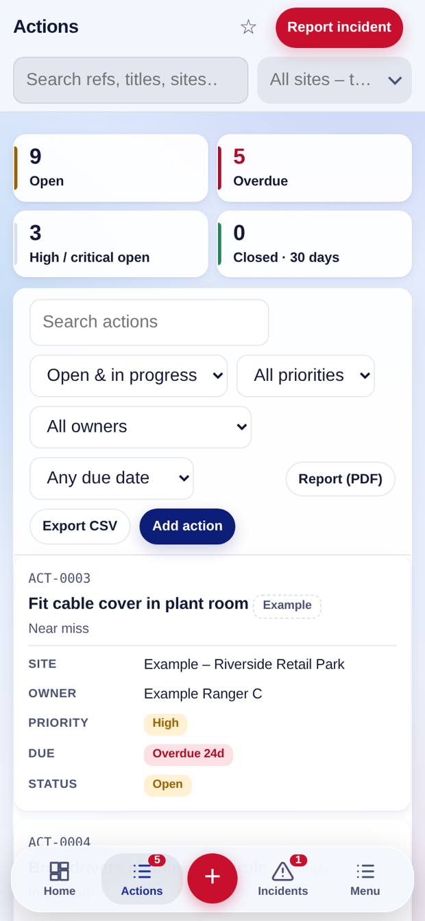 Actions with owners and due dates