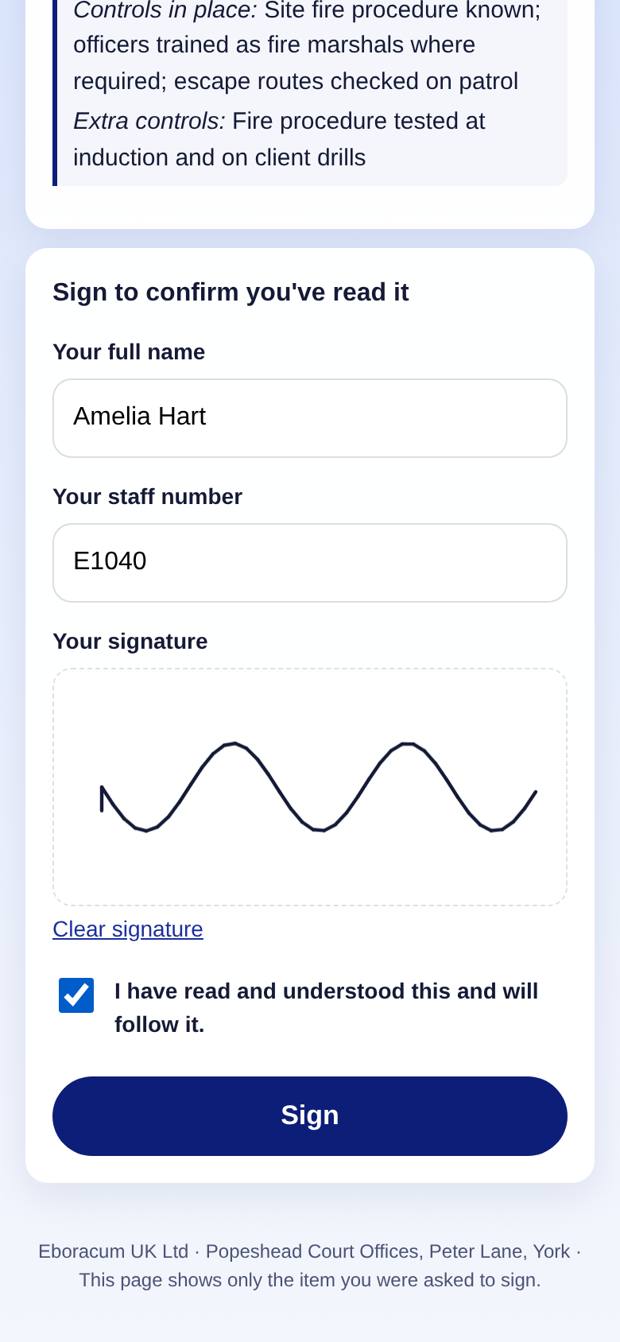 Name, staff number and a signature on screen