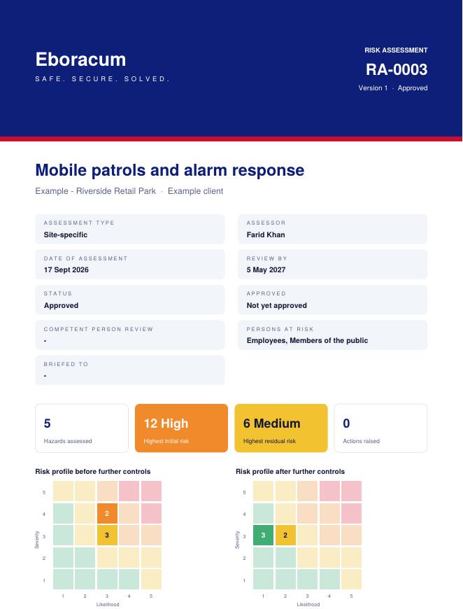 Branded PDF report – cover and risk profile