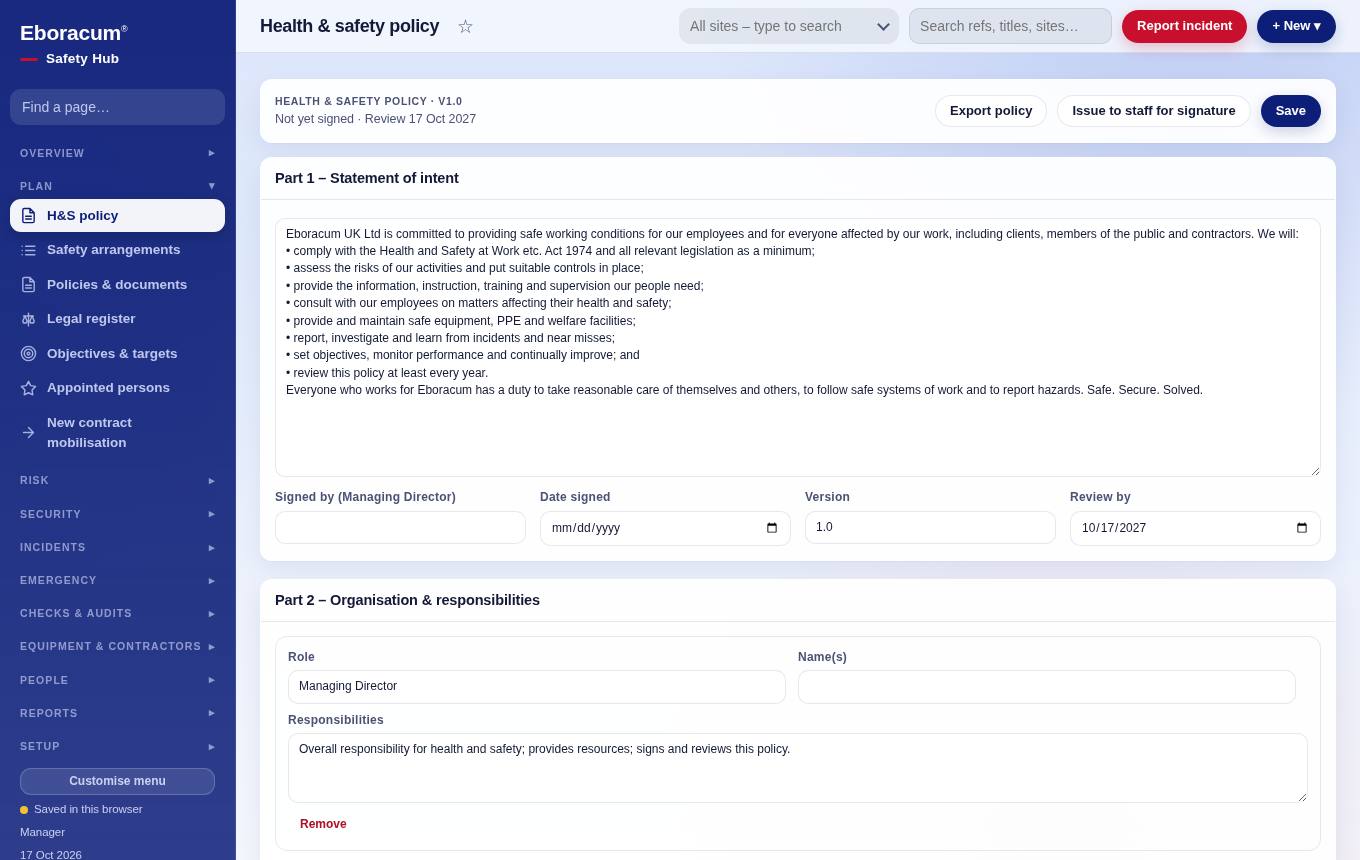 Policy & legal – H&S policy