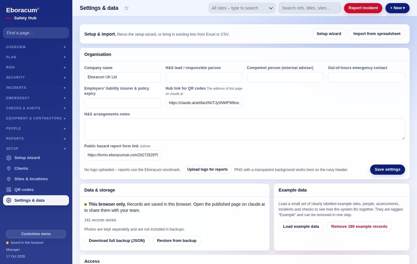 Clients, sites & QR codes – Settings