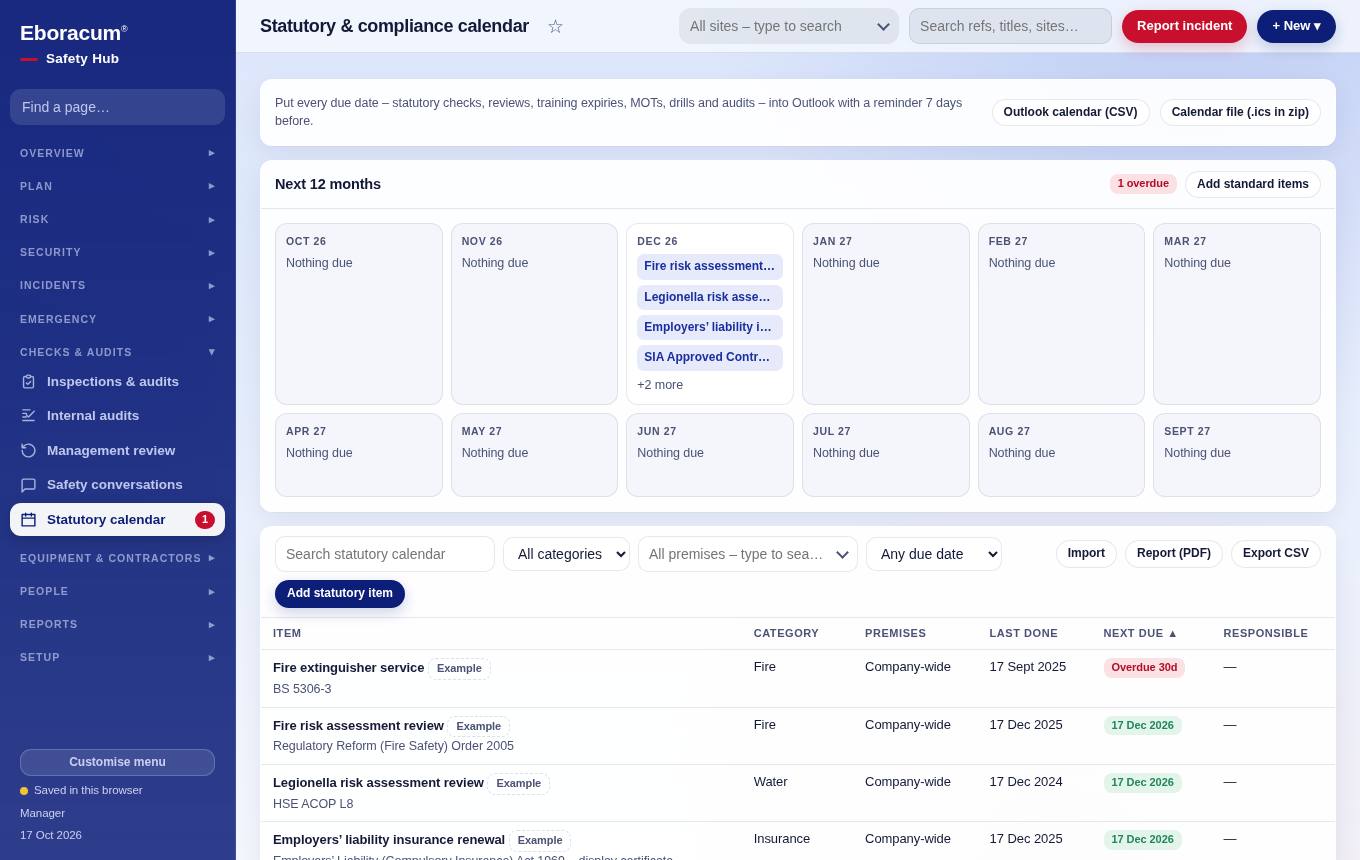 Inspections & audits – Statutory calendar